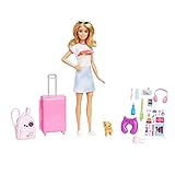 Barbie-Puppe, Reise- mit blonden Haaren, 10+ Barbie-Reisezubehör, -Aufkleber, Koffer, Welpe, 1...