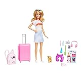 Barbie-Puppe, Reise- mit blonden Haaren, 10+ Barbie-Reisezubehör, -Aufkleber, Koffer, Welpe, 1...