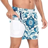 GuoChe Herren-Badehose, gefüttert, Workout-Shorts, Seladonvogel, Blumenmuster, Blau mit...