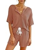 REORIA Damen Kurzarm Lounge Set 2-teilig Strick V Henley Ausschnitt Outfit Nachtwäsche Pyjama...