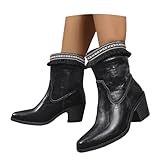 MEECHI Retro Stiefeletten Mit Fransen Damen Western Cowboy Stiefel Breiter Röhre Ankle Boots Mit...