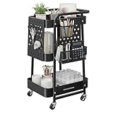 SONGMICS Rollwagen, Küchenwagen, 3 Metallgitterablagen, Servierwagen, 2 abnehmbare Lochplatten, 2...