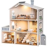 ROBUD Puppenhaus aus Holz Lichtern,3 Etagen, inklusive Möbeln und Treppe,Spielzeug für Kinder ab 3...