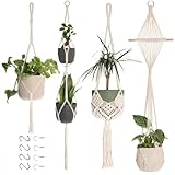 Makramee Blumenampel Hängend Innen, 4er Set Boho Deko Makramee Hängeampel mit Haken, Baumwollseil...