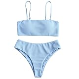 ZAFUL Damen Bikini Set, Texture Bandeau Bikini Set mit Gepolsterter High Cut Sexy Badeanzug (Blau-S)