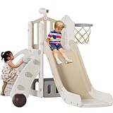 KORIMEFA 5 in 1 Kinderrutsche mit faltbarem Korb & Basketball, Kinder Fun-Slide Rutsche...