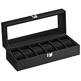 SONGMICS Uhrenbox mit 6 Fächern, Uhrenbox, Schatulle, Glasdeckel, abnehmbare Polster, Schloss aus...