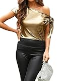 VIDUSSA Damen Satin Shirt Schulterfrei Tops Seidenbluse Kurzarm Casual Tunika Tops, Goldfarben, XXL