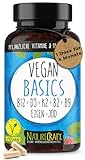 Vegan Basics - Vitamin B12+D3+K2+B2+B9 Folsäure + Eisen + Jod - Komplex mit 120 Kapseln (4...