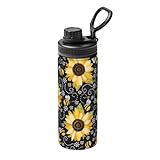 Thermosflasche mit Sonnenblumen-Motiv, Edelstahl, vakuumisoliert, doppelwandig, thermofest, 530 ml