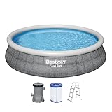 Bestway Fast Set Pool, 457 x 107 cm, Komplett-Set mit Filterpumpe, rund, graue Rattan-Optik