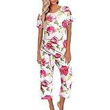 Thermo-Unterwäsche-Set für Damen, Pyjama-Set, kurzärmelig, Nachtwäsche, Oberteile und Caprihose,...