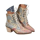Qgtxf Damen Chelsea Stiefel Florale Gestickte Block Absatz Cowboy Stiefel Spitze-up Leder Chunky...