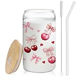 BEHIFL Coquette Preppy Pink Bow Cherry Glastasse mit Deckel und Strohhalmen, 400 ml, niedliches...