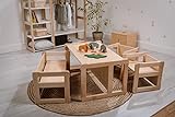 WOODJOY ® Kindertisch mit 2 Stühlen & Kinderbank Set Holz - Kindersitzgruppe Multifunktional fürs...