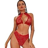 RNHGBB Sexy Damen-Dessous-Set aus Spitze, 2-teilig, Neckholder-BH und Panty-Set für Damen, Rot,...