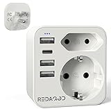 Adapter USA Deutschland Stecker mit 3USB 1USB C (17W), Redagod Steckdosenadapter, 6-in-1 USA Adapter...