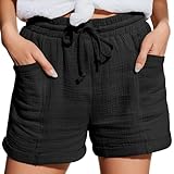 Zhiaek Musselin Kurze Hose Damen Shorts Damen Sommer Baumwolle Leinen Weite Kurze Hosen mit Taschen...