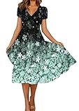 Sommerkleid Damen Kurzarm V-Ausschnitt Blumendruck A-Linie Kleid Midikleid Partykleid Freizeitkleid...