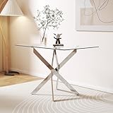 GOLDFAN Glas Esstisch Küchentisch Glastisch Silberne Metalltischbeine Moderner Stil Quadratischen...