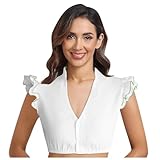 Foweknow Dirndl Bluse Damen Flügelärmel Trachtenbluse Weiß Dirndlbluse Hochgeschlossen Kurzarm V...