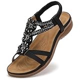 Littleplum Damen Sandalen Sommer Flach Sandalette Bohemia Strand Sandalen,Schwarz,38 EU