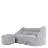 Icon Cecilia Sitzsack Sofa mit Hocker, Grau, Flauschiger Cord Stoff, 2 Sitzer Sofa für Erwachsene,...