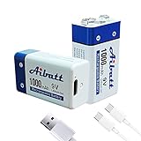 Aibatt 9V Block Akku 1000mAh,mit Ladeanschluss Typ C,Li-ion 6F22 Wiederaufladbare Batterie für...