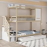 BXEYXE Etagenbett Kinderbett 90 * 200cm, Massivholz Doppelbett, Hausform mit Fenstern,...