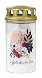 Grabkerze Ewiglicht Grablicht klein mit Deckel Blumenbouquet, Motiv 'In Gedanken bei Dir', Jeka