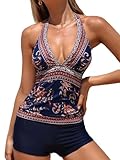 CUPSHE Tankini-Set für Damen, zweiteilig, hohe Taille, Shorts, Neckholder, gerippte Textur,...