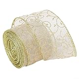Weihnachtsband, glitzerndes Organzaband mit Draht, durchscheinendes Band mit goldenem Wirbelmuster,...