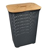 HRB Wäschekorb mit Bambusdeckel Rattan 65 Liter, Wäscheaufbewahrung aus Kunststoff, Wäsche...