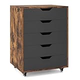 GIANTEX Rollcontainer mit 5 Schubladen, Aktenschrank mit Rollen, Schubladenschrank Holz unter...