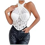 Damen Spaghettitop Bustier Spitze Tops Sexy Mesh Dessous Ausgehen Tank Top Badeanzug, weiß, 36