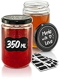 Praknu 12 Einmachgläser mit Deckel 350ml - Mit Etiketten & Stift - Luftdicht - Spülmaschinenfest -...
