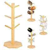 Tassenständer Holz, Tassenhalter mit 6 Haken und Verdickter Basis, Bambus Kaffeetassenhalter,...