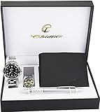 Geschenkset Herren Armbanduhr schwarz - LED Lampe LED - Geldbeutel Stift