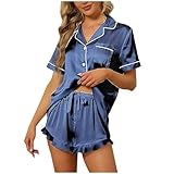 Schlafanzug Damen Kurz Satin Set, Pyjama-Set Mit Taschen Und Knopf Zweiteiliger Bequeme Loungewear...