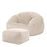 Icon Kingston Sitzsack mit Hocker Cord, Beige, Sitzsack Erwachsene mit Füllung, Bean Bag, Cord...