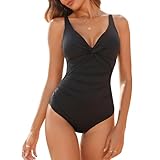 loginsummer Badeanzug Damen Bauchweg, Einteilige Push Up Bademode mit V Ausschnitt, Rüschen...
