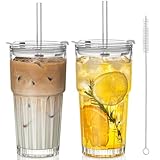 2 Stück Bubble Tea Becher, 600ml Transparente Eiskaffee Becher, Glasbecher Trinkbecher mit Deckel...