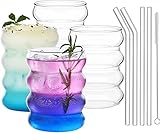ALINK Gerippte Trinkgläser mit Glasstrohhalmen 4er Set, 350ml Eiskaffeegläser, Wave Gläser...
