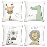 Bonhause 4er Set Kissenbezüge Kinder Tiere 45 x 45 cm Giraffe Zebra Löwe Krokodil Samt Soft...