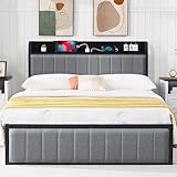 VECELO Polsterbett 140 x 200cm Doppelbett mit 2 Steckdosen und 2 USB-Anschlüssen, Gepolstertes...