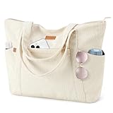 Lekespring Cord Tasche Damen, Groß Tote Bag Strandtasche mit Reißverschluss, Shopper Tasche Damen...