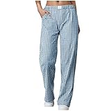 Pyjamahose Damen Lang Kariert - Schlaghose Mit Tasche Elastische Taille Freizeithose Schlafanzughose...