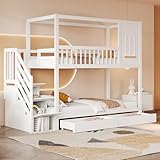 BXEYXE Etagenbett Kinderbett 90 * 200cm, Massivholz Doppelbett, Hausform mit Fenstern,...