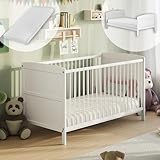 Babybett 70x140 umbaubar mit Matratze, Gitterbett Kinderbett höhenverstellbar & herausnehmbare...