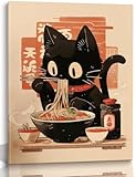 EKEYR Niedliche lustige schwarze Katzen-Poster, Ramen-Nudeln, Wandkunst, japanische schwarze Katze,...